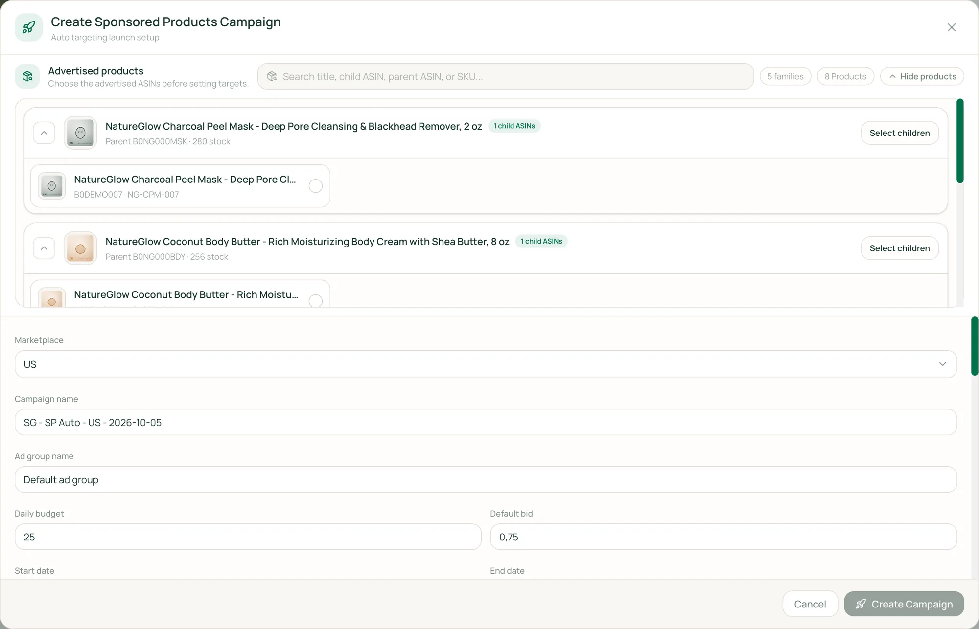 Sponsored Products campaign builder with product families